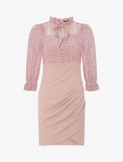 Robe à col montant et buste en dentelle et sequins - Rose poudré - 1
