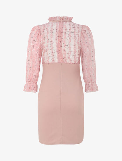 Robe à col montant et buste en dentelle et sequins - Rose poudré - 2