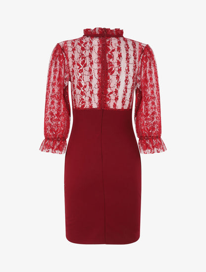 Robe à col montant et buste en dentelle et sequins - Bordeaux - 2