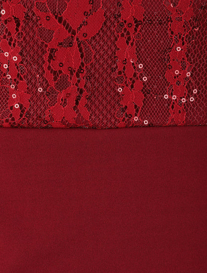 Robe à col montant et buste en dentelle et sequins - Bordeaux - 4
