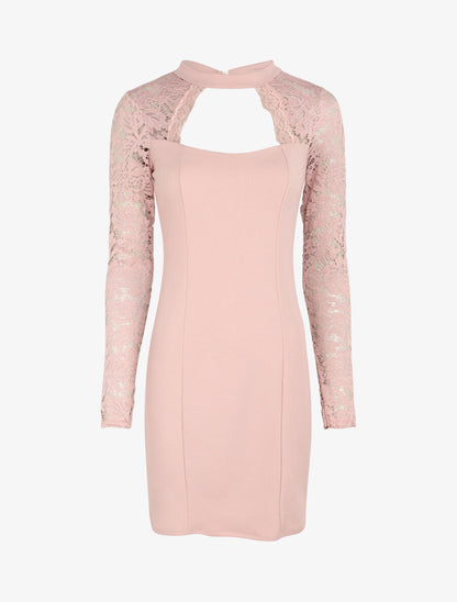Robe à manches en dentelle et décolleté - Rose poudré - 1