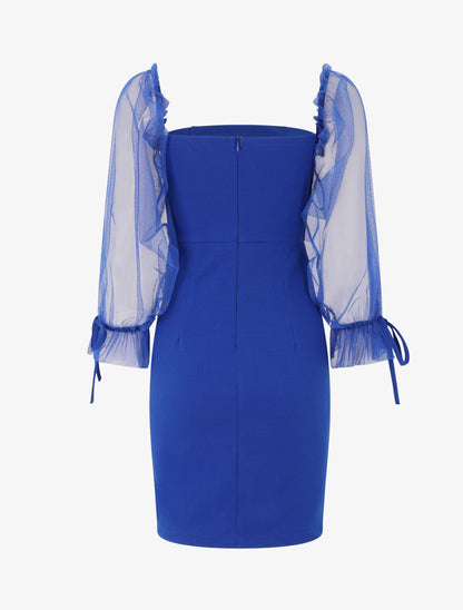 Robe à col bardot et manches en tulle - Bleu électrique - 2