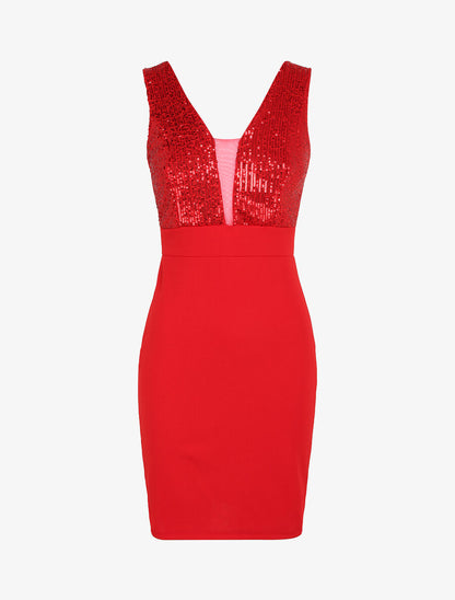 Robe fourreau à buste en sequins - Rouge - 1