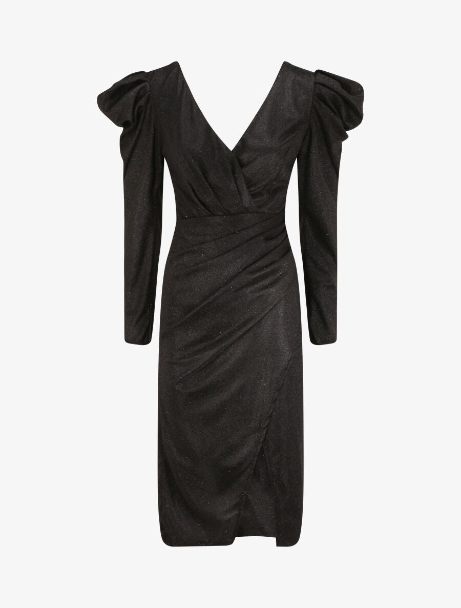 Robe drapée à manches gigot et paillettes - Noir - 4