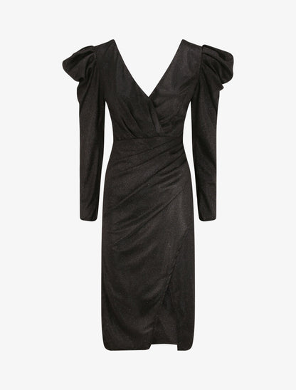 Robe drapée à manches gigot et paillettes - Noir - 4