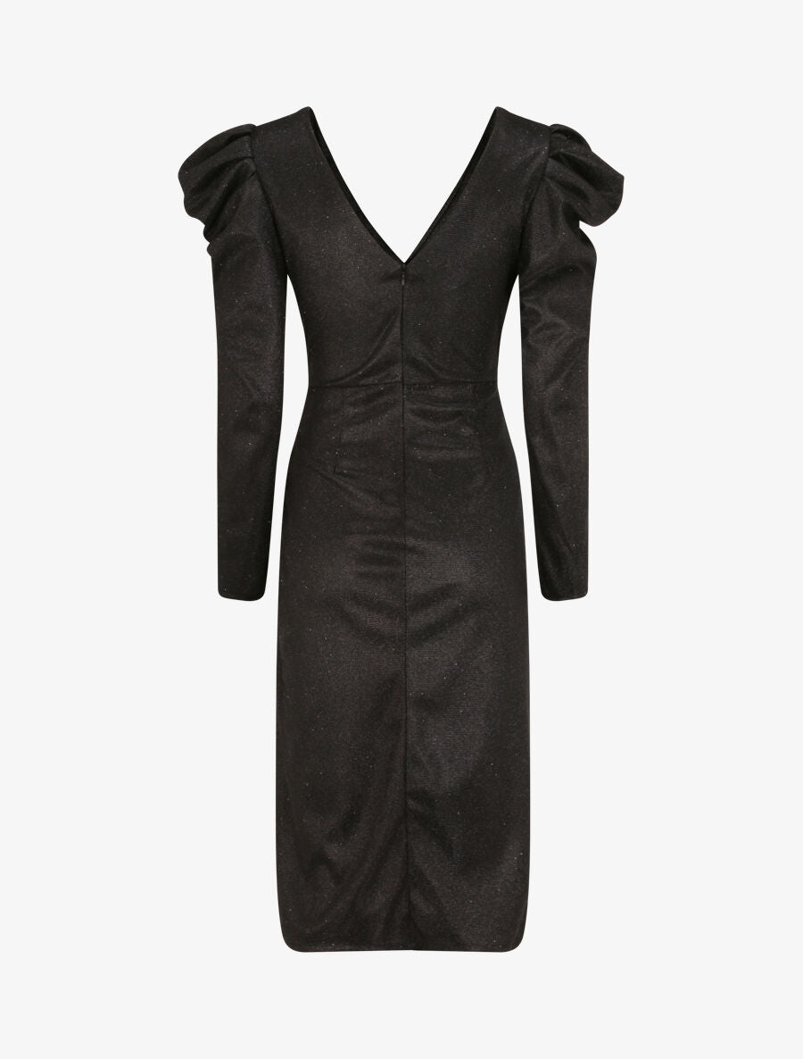 Robe drapée à manches gigot et paillettes - Noir - 2