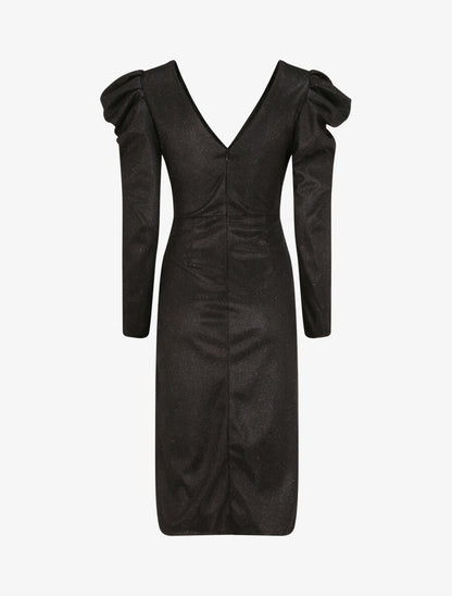 Robe drapée à manches gigot et paillettes - Noir - 2