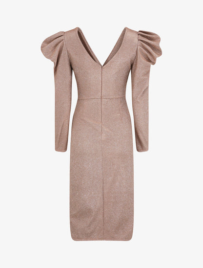 Robe drapée à manches gigot et paillettes - Rose poudré - 2