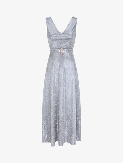Robe longue à col V et paillettes - Argent - 1