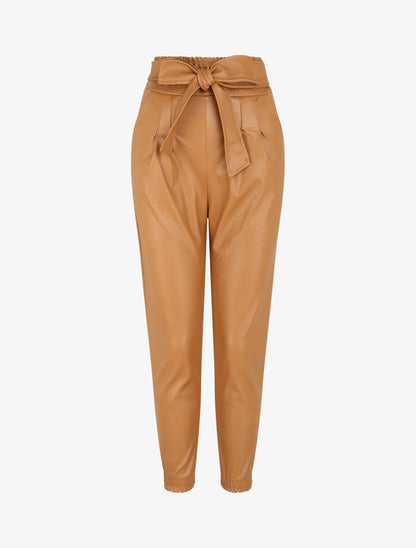 Pantalon carotte en simili à bords élastiqués - Camel - 4