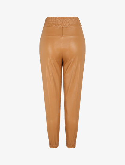 Pantalon carotte en simili à bords élastiqués - Camel - 2