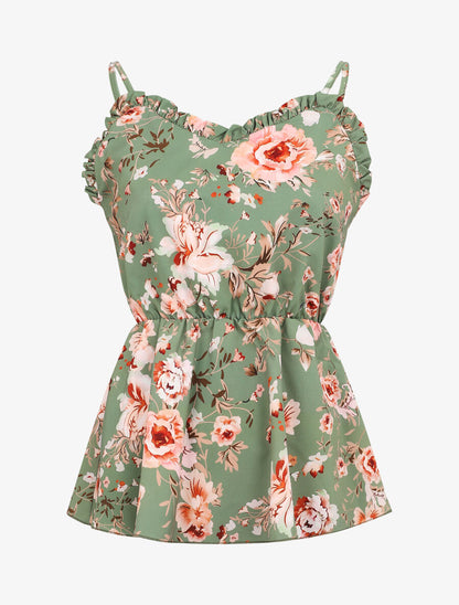 Top péplum imprimé roses - Vert olive - 1
