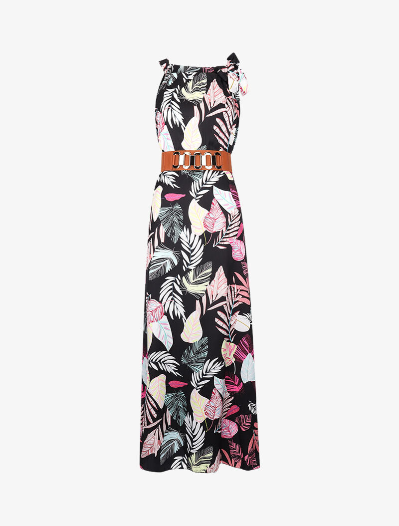 Robe longue satinée à imprimé tropical - Noir - 1