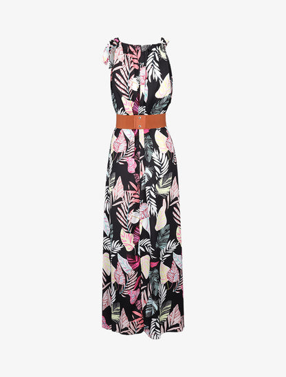 Robe longue satinée à imprimé tropical - Noir - 2