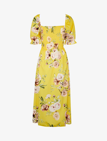 Robe imprimée à buste élastiqué - Jaune - 2