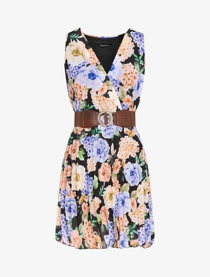 Robe fleurie à bas gaufré - Bleu - 3