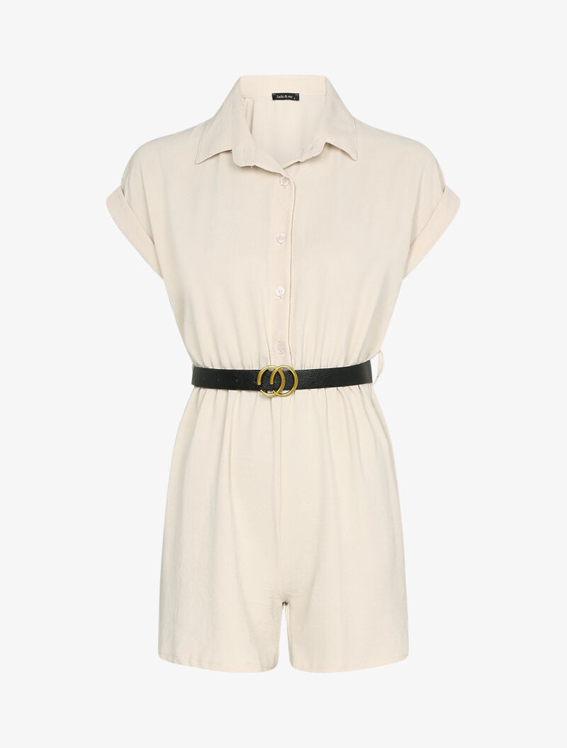 Combishort texturé à ceinture simili - Beige - 1