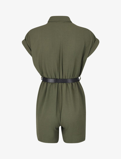 Combishort texturé à ceinture simili - Kaki - 2