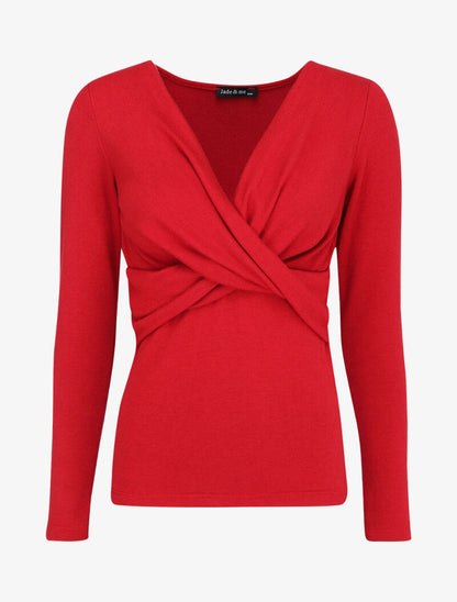 Pull fin à encolure cache-coeur effet drapé - Rouge - 1