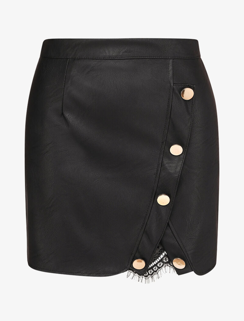 Mini jupe en simili à boutons décoratifs et fente en dentelle - Noir - 1