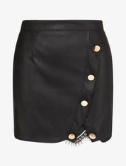 Mini jupe en simili à boutons décoratifs et fente en dentelle - Noir - 1