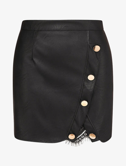 Mini jupe en simili à boutons décoratifs et fente en dentelle - Noir - 1