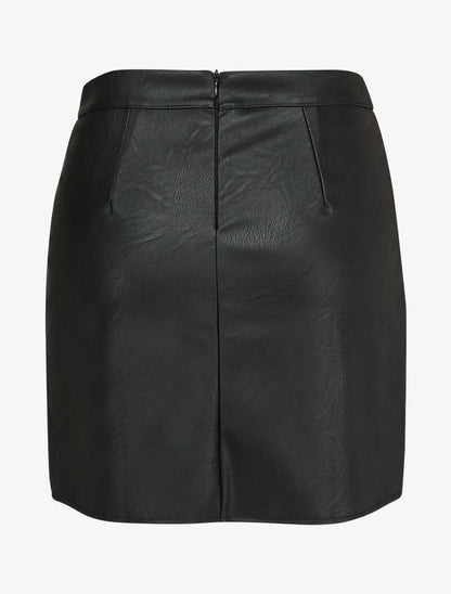 Mini jupe en simili à boutons décoratifs et fente en dentelle - Noir - 2