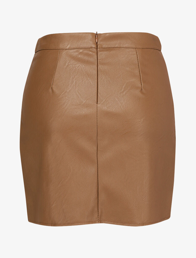 Mini jupe en simili à boutons décoratifs et fente en dentelle - Camel - 2