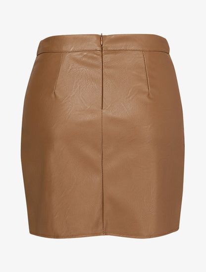 Mini jupe en simili à boutons décoratifs et fente en dentelle - Camel - 2