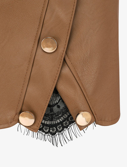 Mini jupe en simili à boutons décoratifs et fente en dentelle - Camel - 3