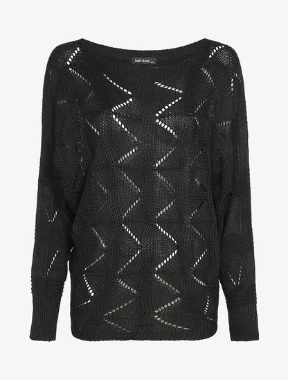 Pull loose en maille geométrique ajourée - Noir - 1
