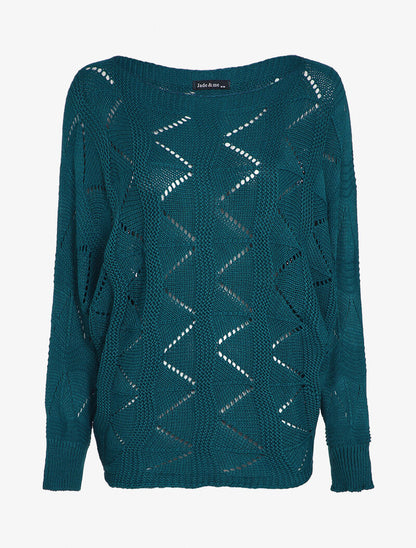 Pull loose en maille geométrique ajourée - Bleu canard - 1