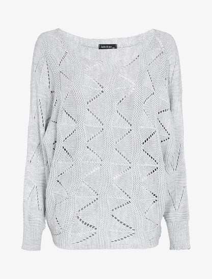 Pull loose en maille geométrique ajourée - Gris clair - 1