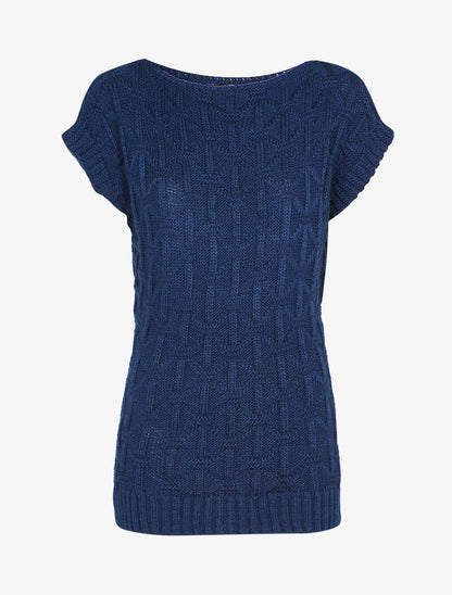 Pull sans manches en maille tressée - Marine - 1