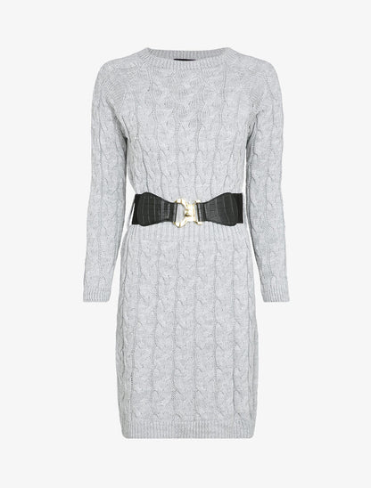 Robe pull en maille torsadée et taille côtelée - Gris chiné - 1