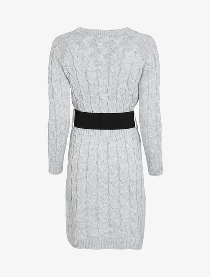 Robe pull en maille torsadée et taille côtelée - Gris chiné - 2