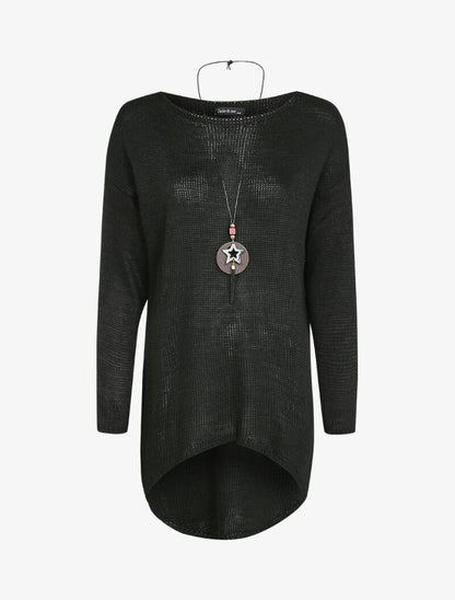 Pull loose à dos long et col bateau - Noir - 1