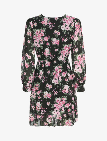 Robe portefeuille volantée à imprimé bouquet de roses - Noir - 2