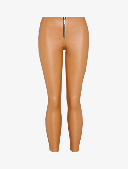 Legging en simili taille haute zippé - Camel - 1