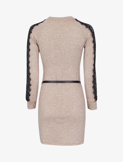Robe pull à manches en dentelle - Beige - 2