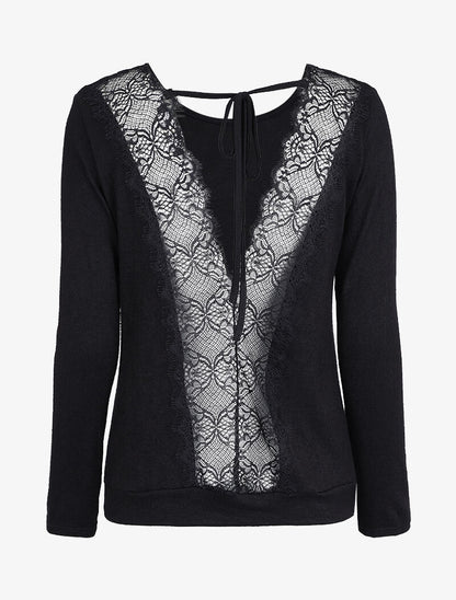 Pull à dos ouvert à détails dentelle - Noir - 1