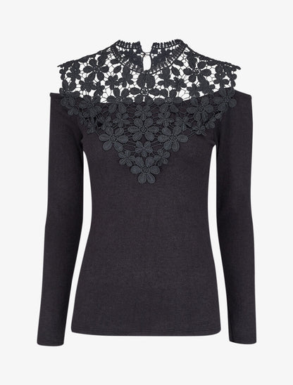 Pull à épaules dénudées et plastron dentelle - Noir - 1