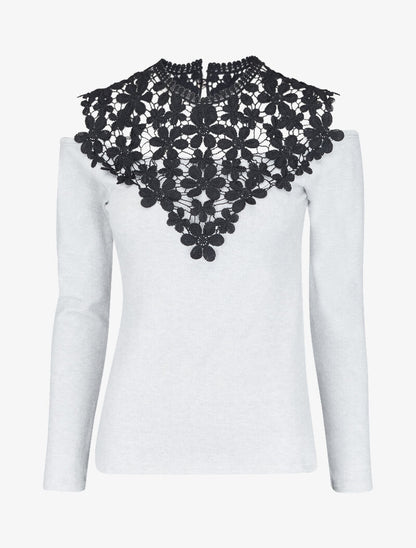 Pull à épaules dénudées et plastron dentelle - Gris clair - 2