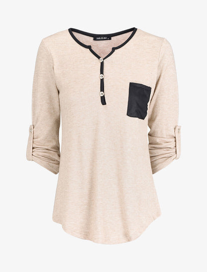 Pull à col tunisien et manches rabattables - Beige - 4