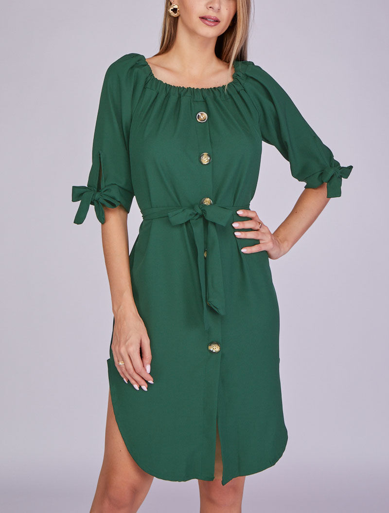 Robe boutonnée à encolure bardot - Vert sapin - 5