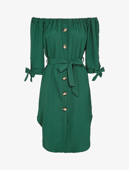 Robe boutonnée à encolure bardot - Vert sapin - 2