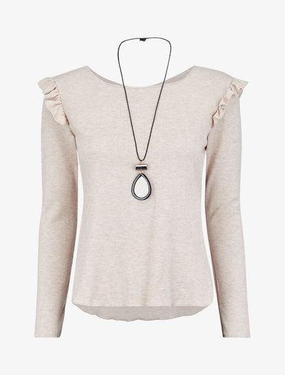 Pull fin à épaules volantées et à liserés lamés - Beige - 2