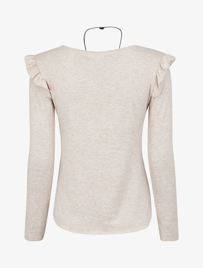 Pull fin à épaules volantées et à liserés lamés - Beige - 3