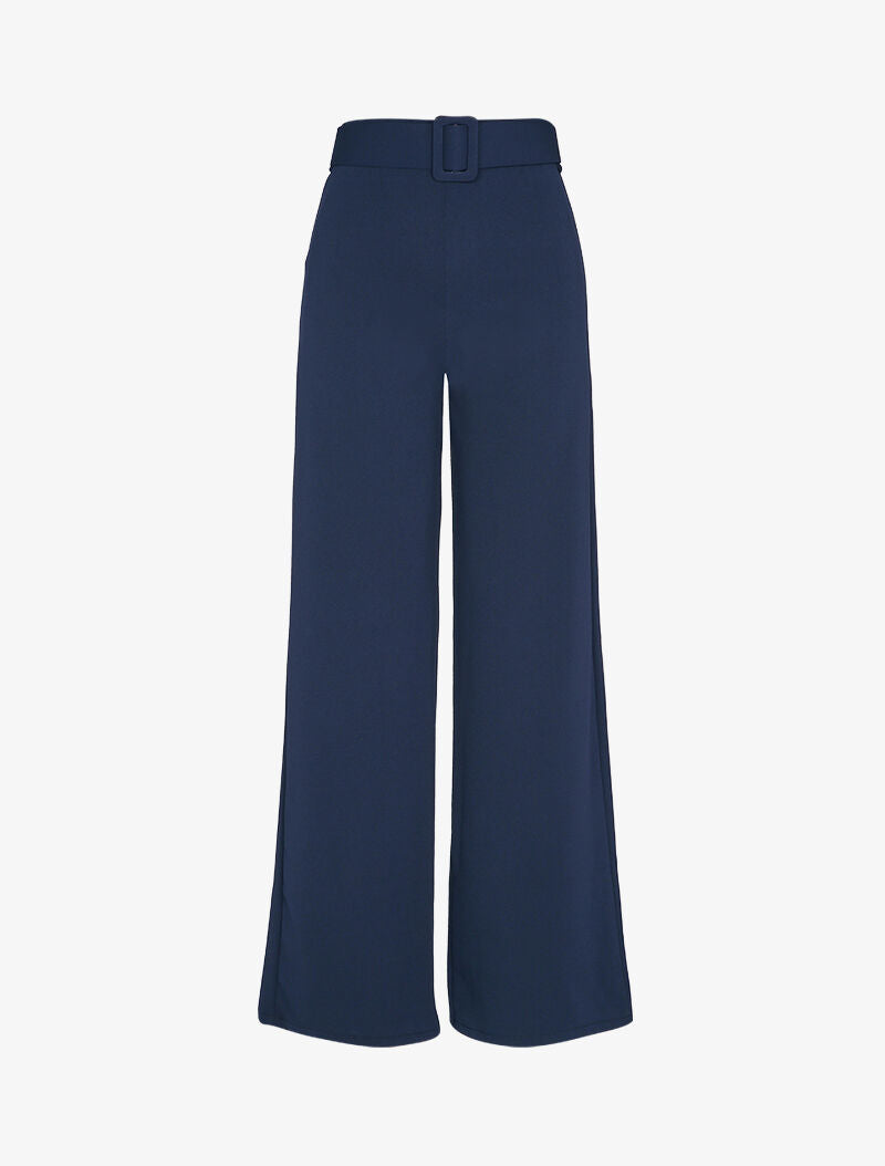 Pantalon droit extra long à ceinture à boucle carrée - Marine - 3