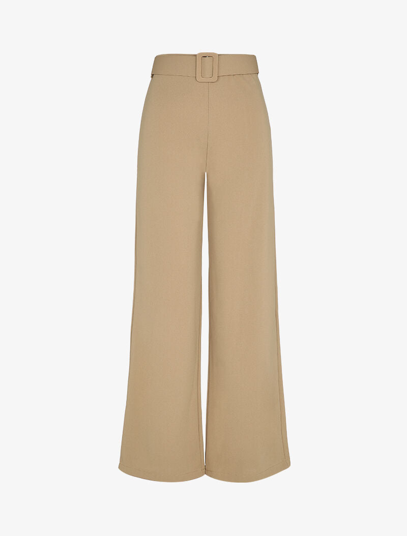 Pantalon droit extra long à ceinture à boucle carrée - Beige - 1